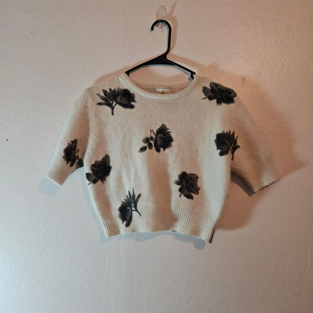 Express 70% Angora-Rabbit White W/Black Flowers Sweater Size S